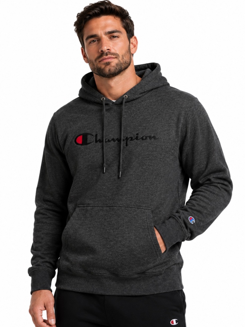 Champion Men’s Charcoal Gray Script Logo Fleece Hoodie Size L